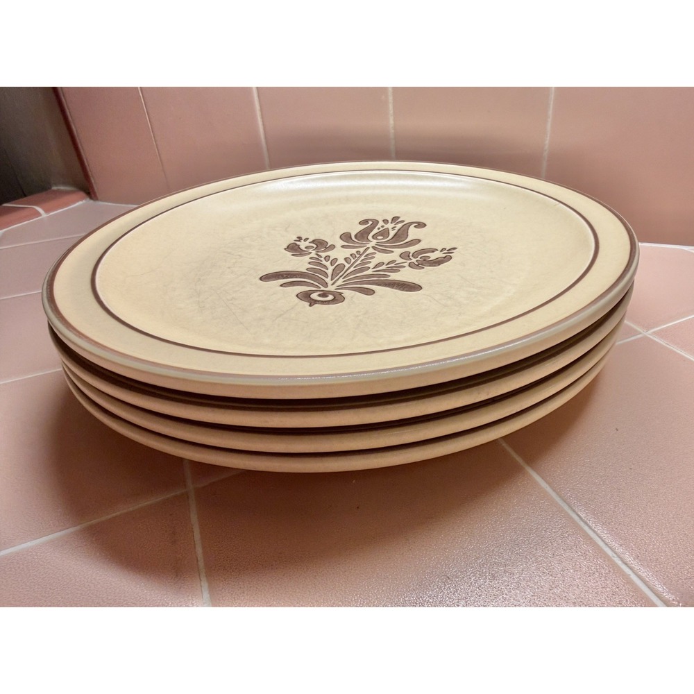 Pfaltzgraff Village 10.5" Dinner Plates Set of 4 USA Stoneware Brown Floral